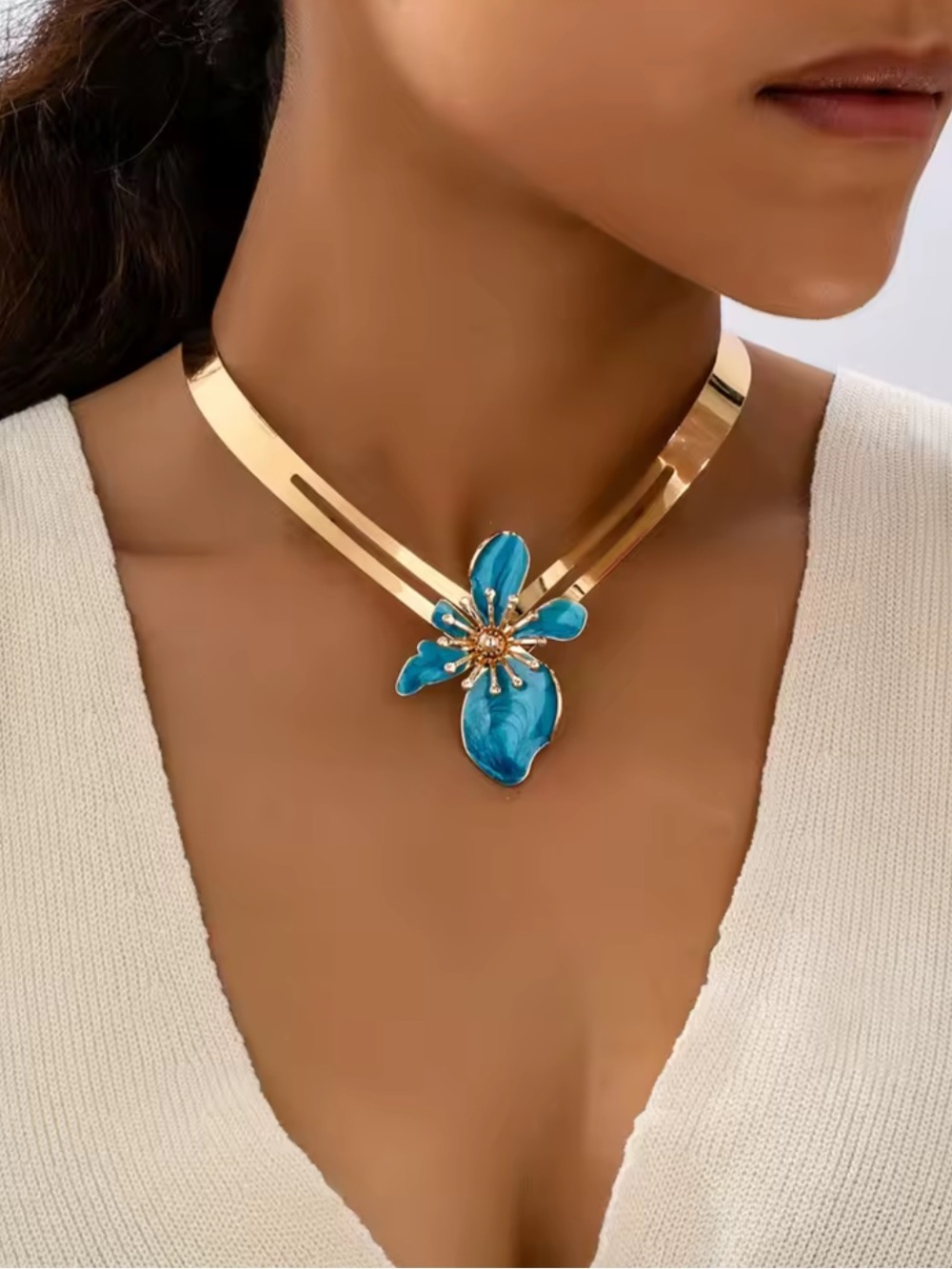 Gold Choker Necklace with Turquoise Blue Floral Pendant